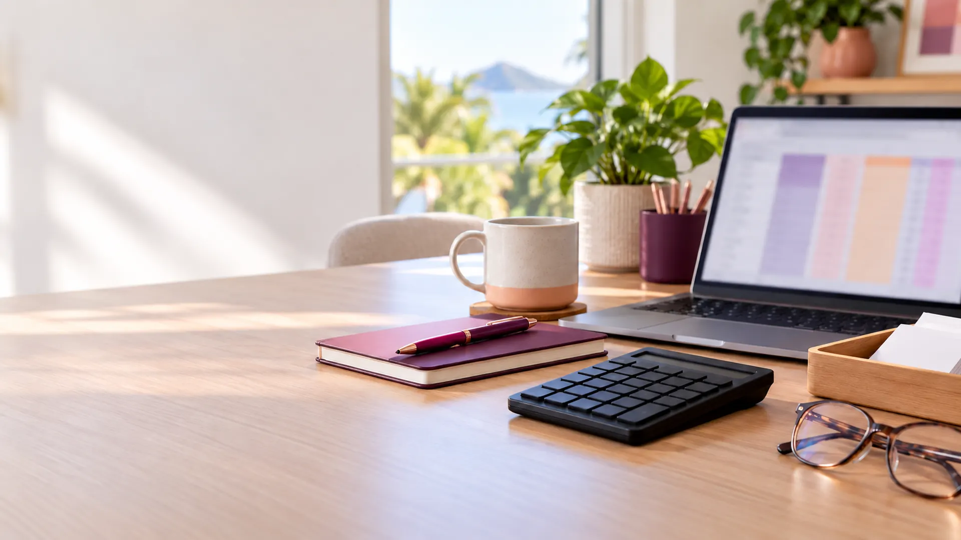 Accountant's desk with a spreadsheet on a laptop, a calculator, a receipt tray and reading glasses
