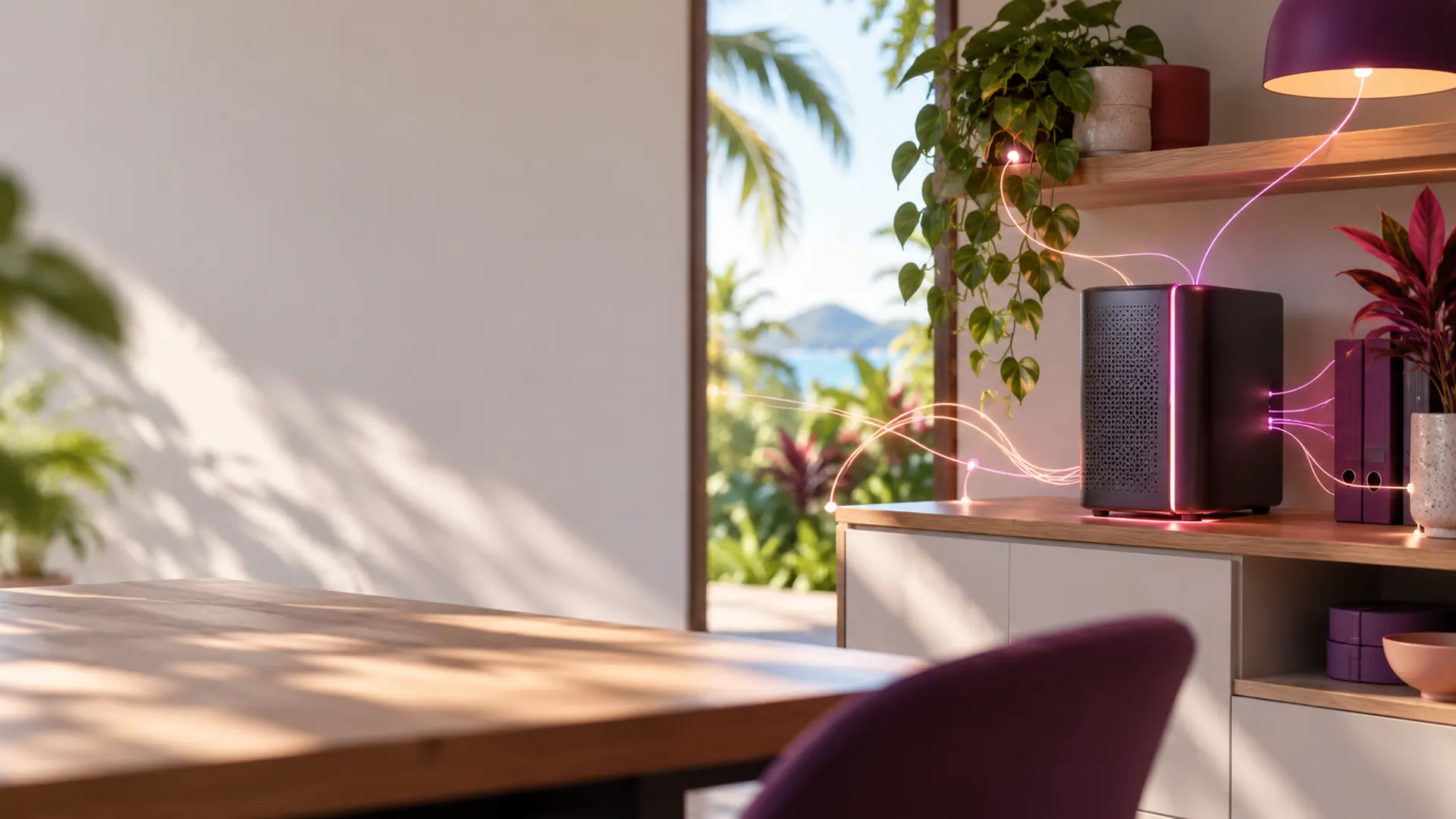 Small private server on an office shelf, with light lines linking it to devices in the room