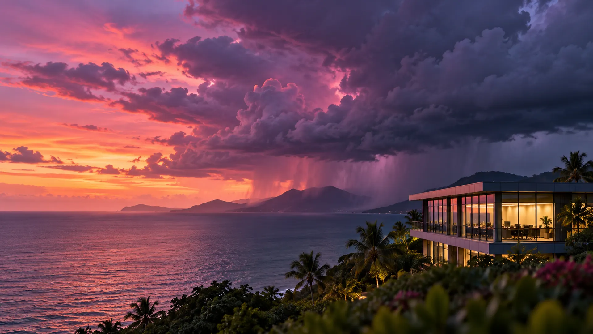 Storm clouds over the North Queensland coast at dusk, with a lit office building standing steady
