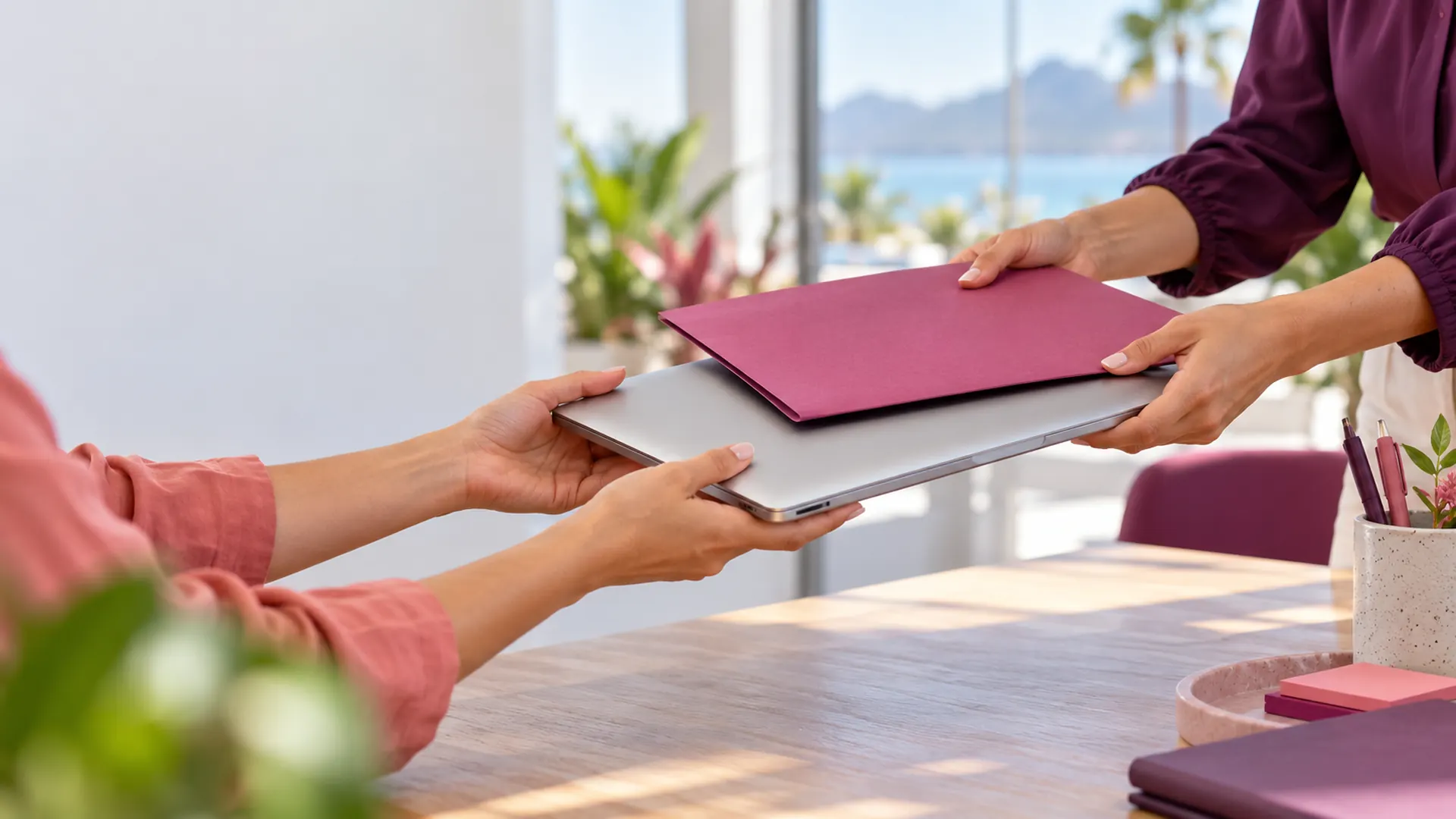 One person handing a folder and a laptop to another across a desk