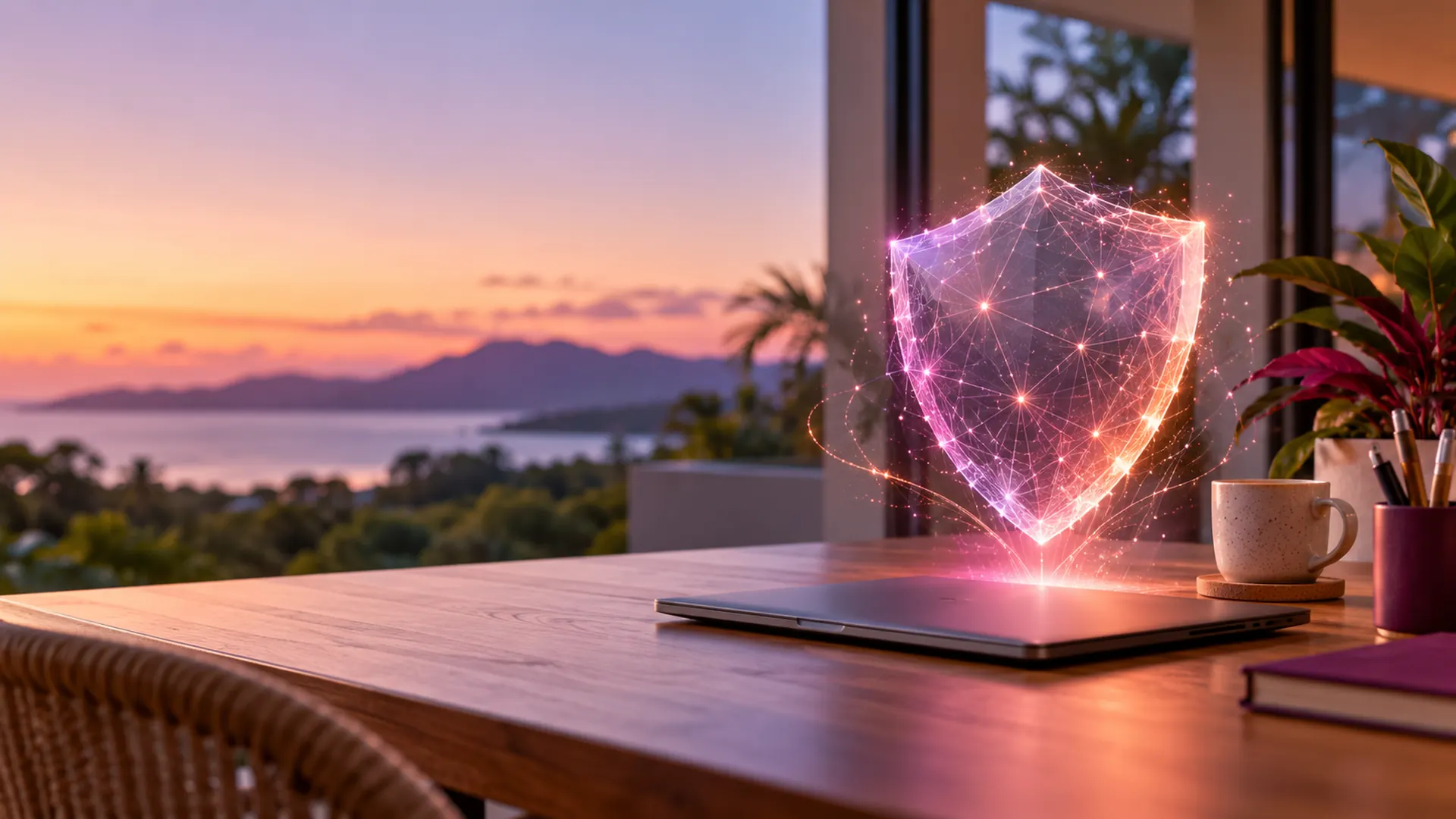 Glowing shield of network lines above a closed laptop on an office desk at dusk