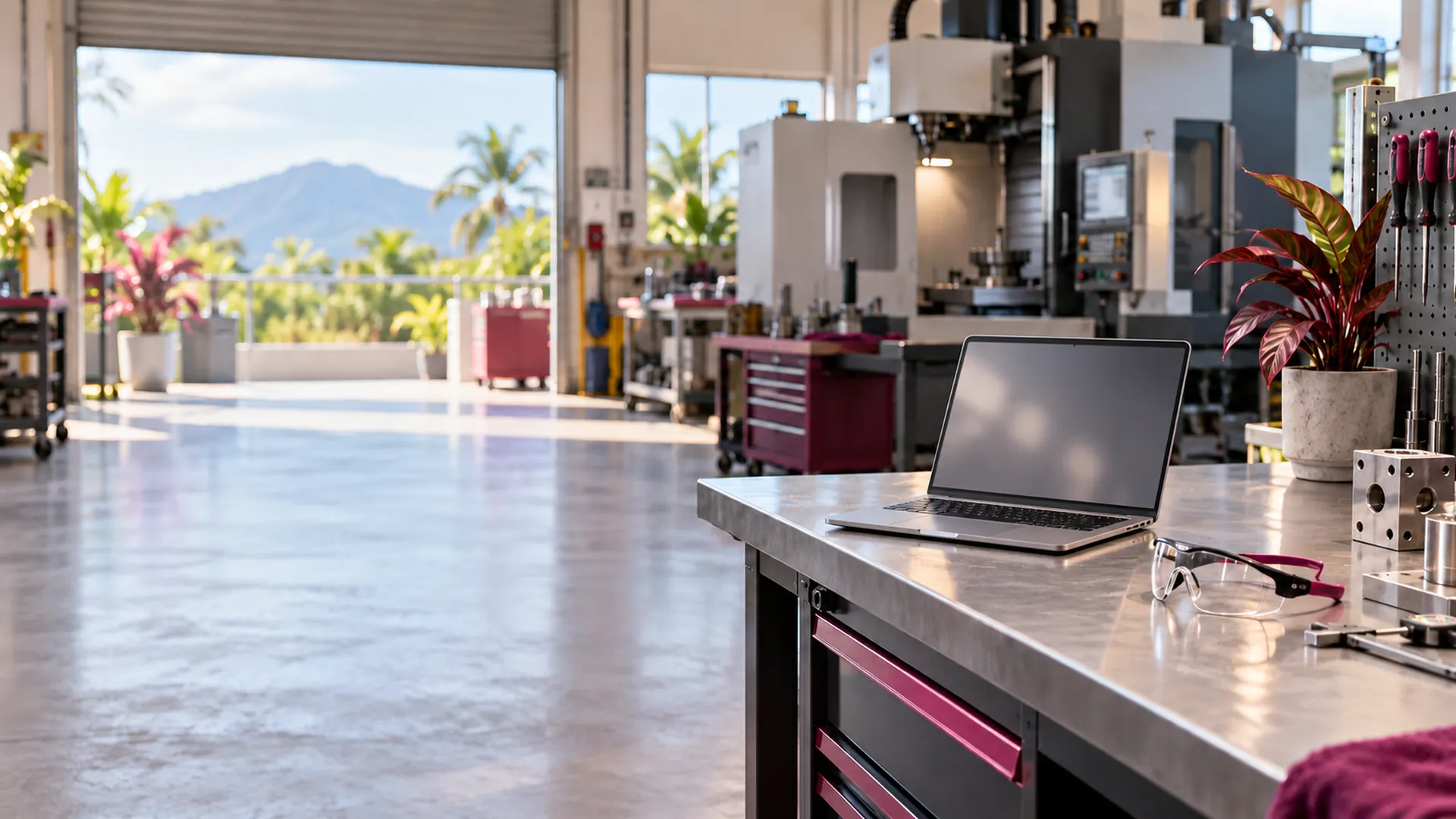Engineering workshop with precision machinery and a laptop on a workbench