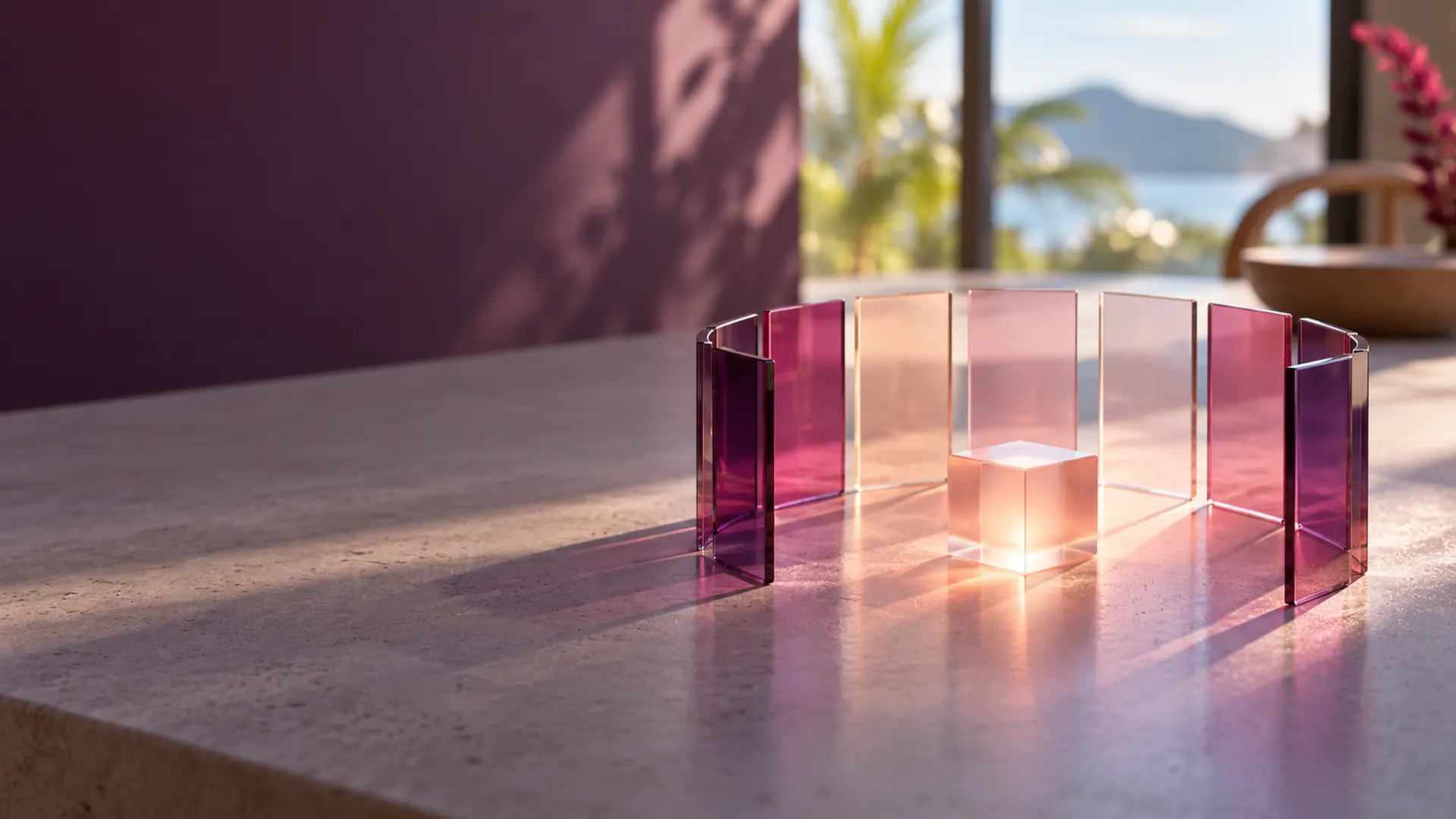Arc of coloured glass panels around a small glowing cube on a stone bench