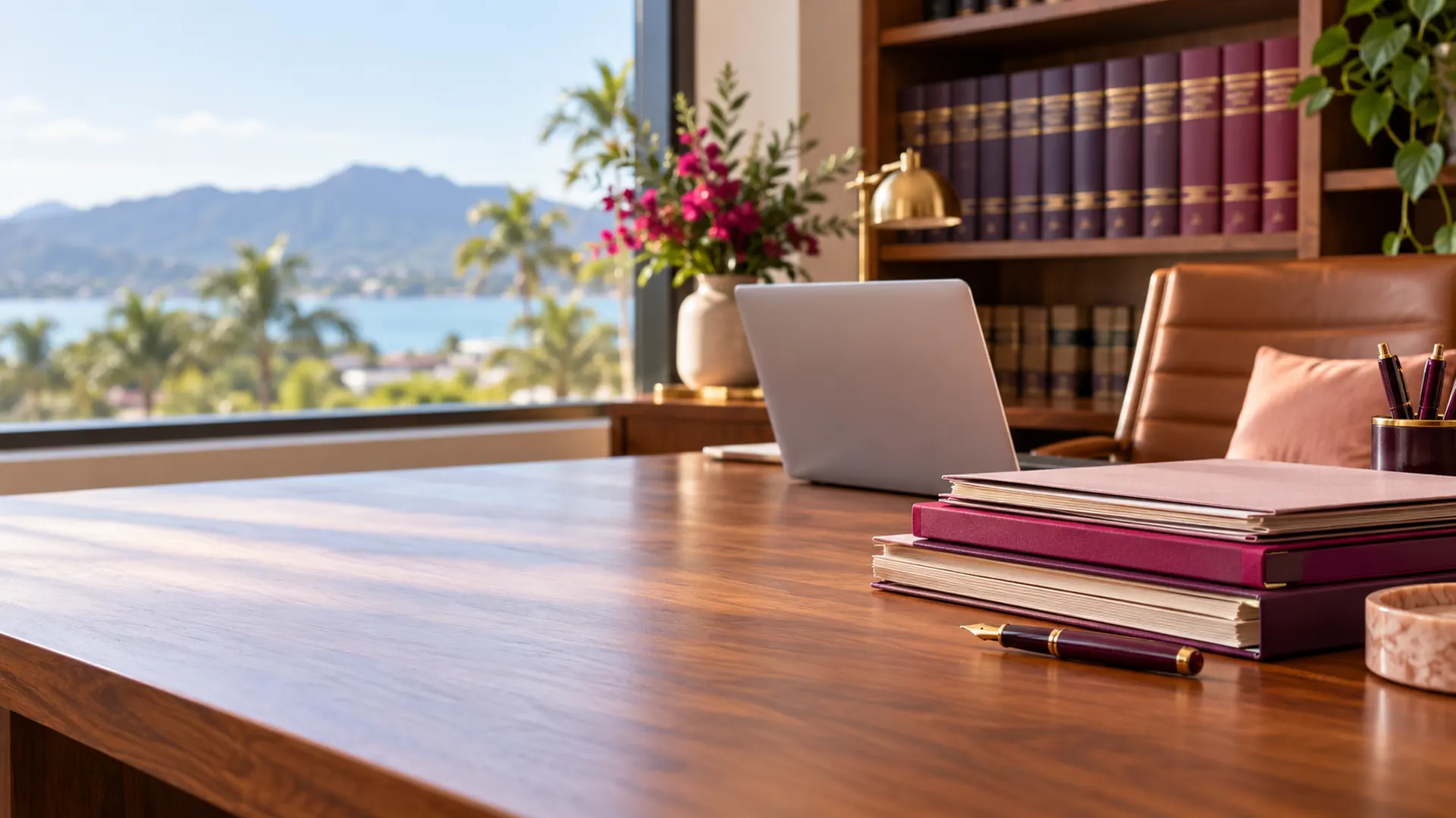 Law office desk with stacked files, a fountain pen and a laptop, with legal books on the shelf behind