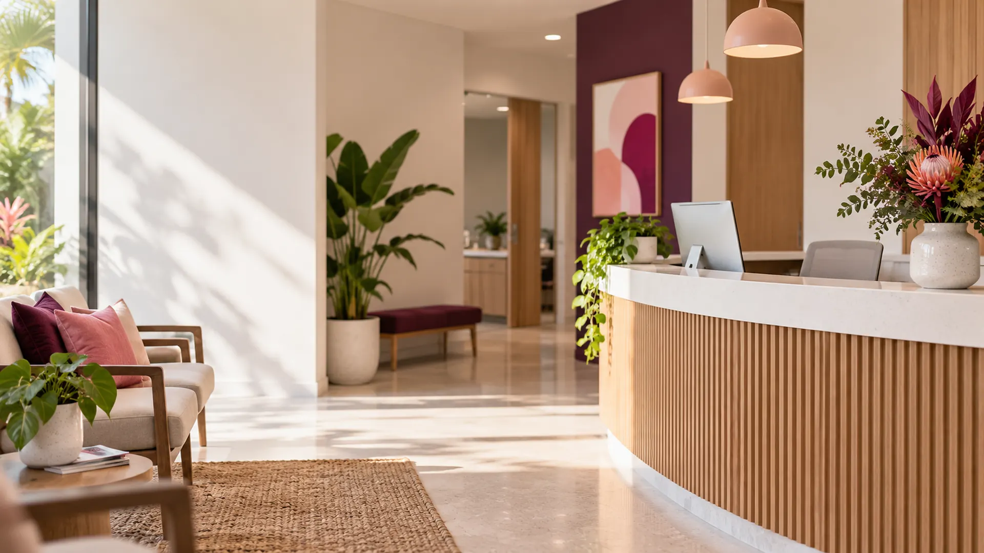Empty, modern medical clinic reception desk with a computer and flowers