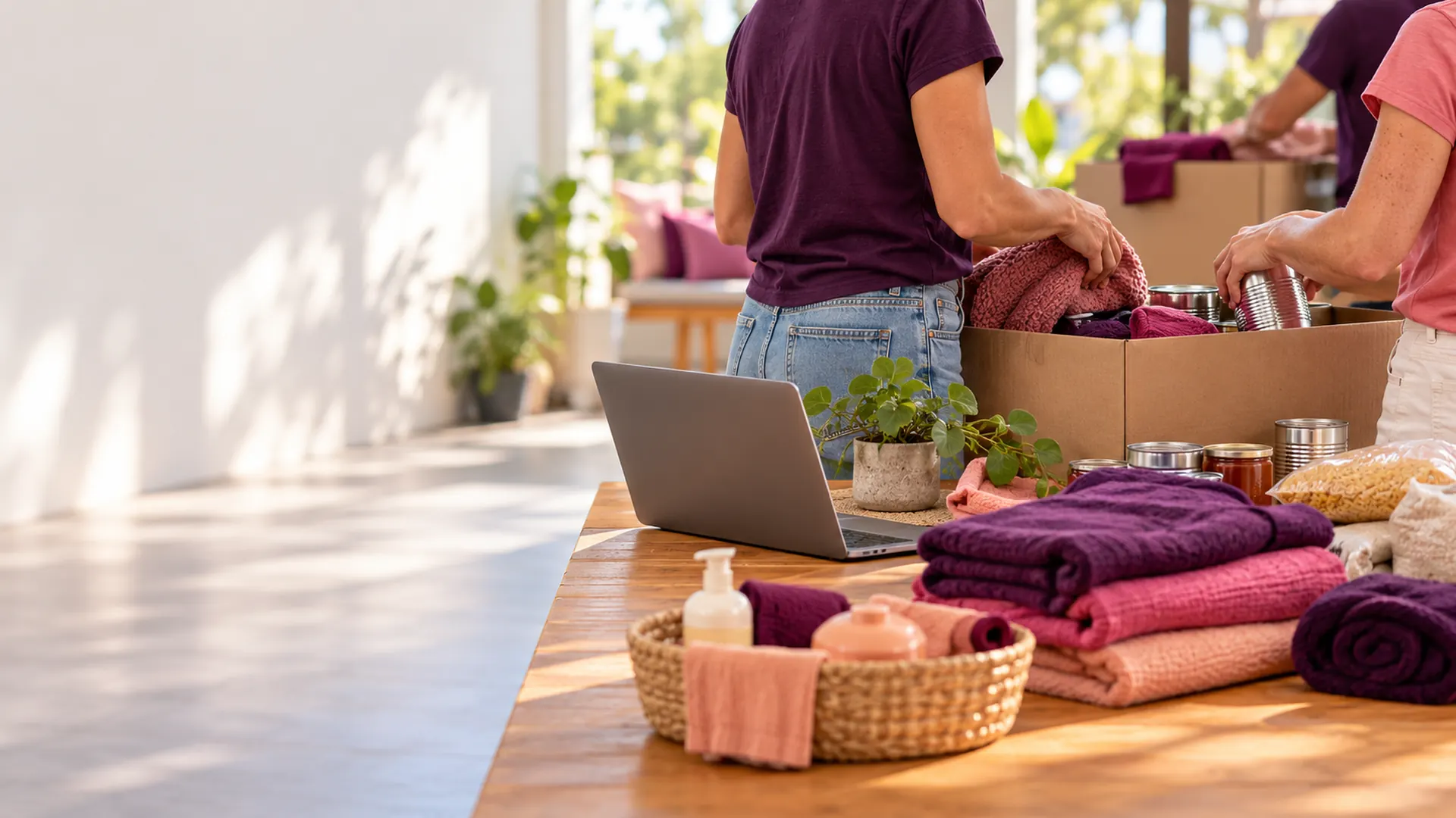 Volunteers sorting donated towels and food into boxes at a community centre table, with a laptop open