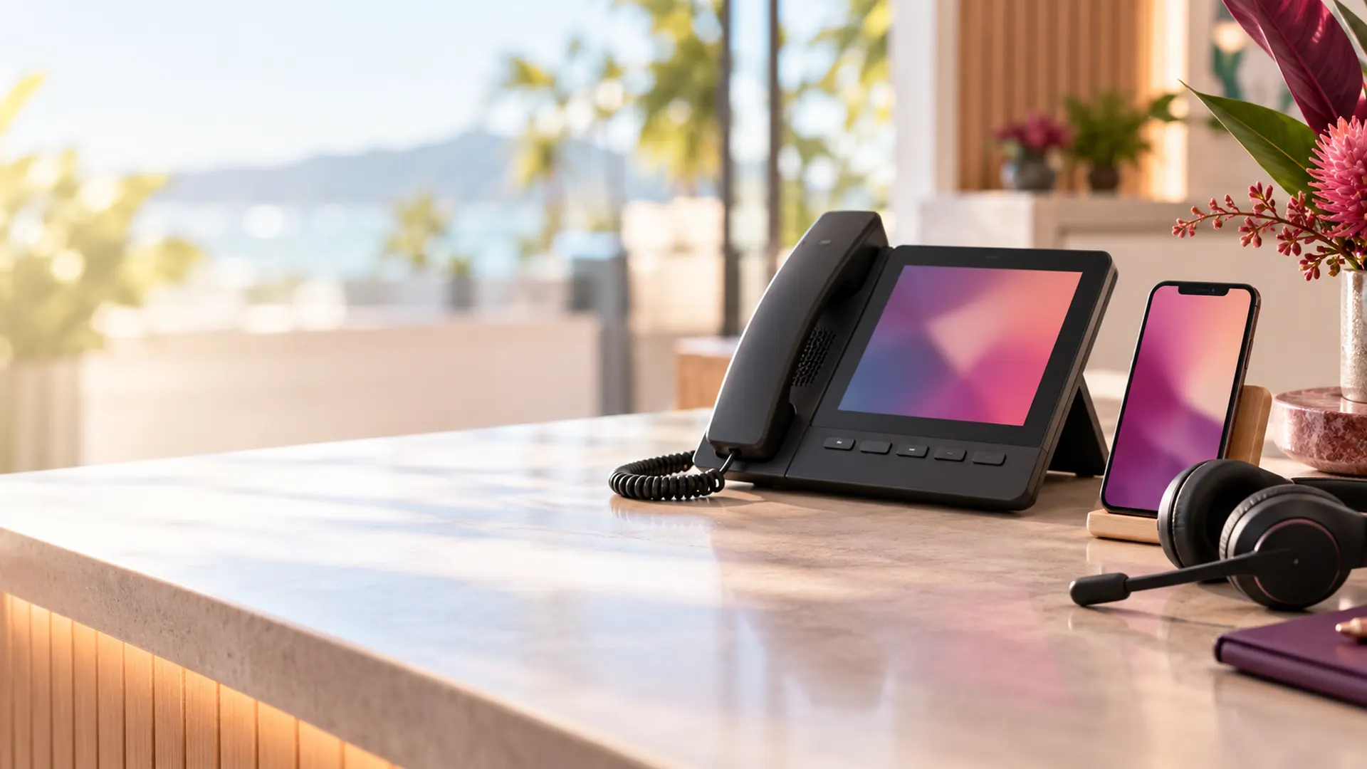 Desk IP phone, smartphone and headset on a reception counter