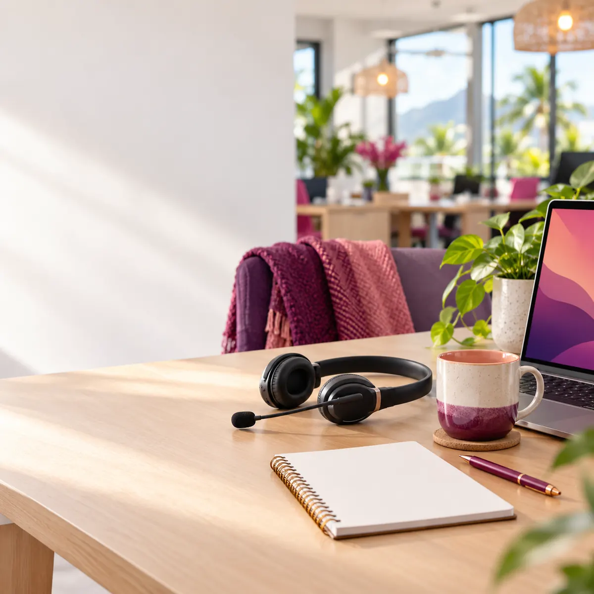 Support desk with a headset, notepad, coffee mug and laptop
